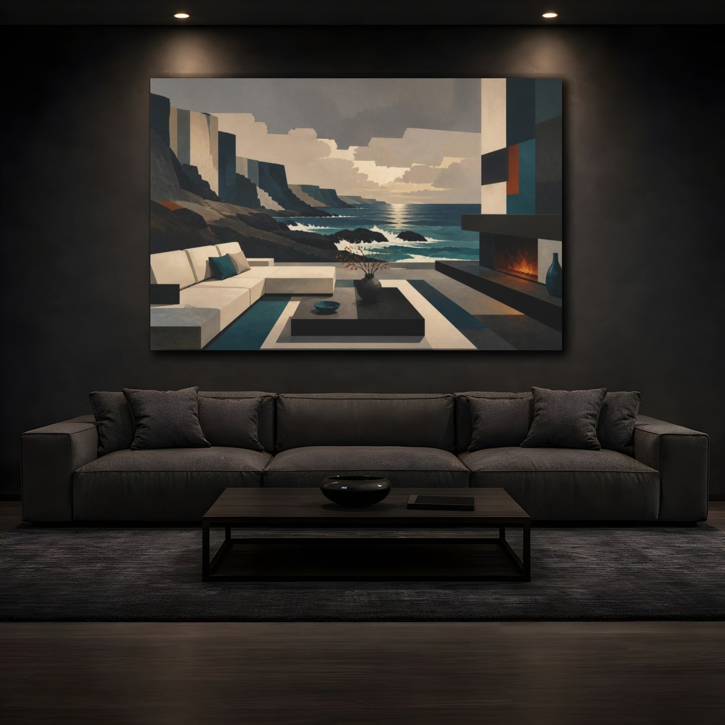 Mockup 3. Living Room Coastal View shown as canvas print