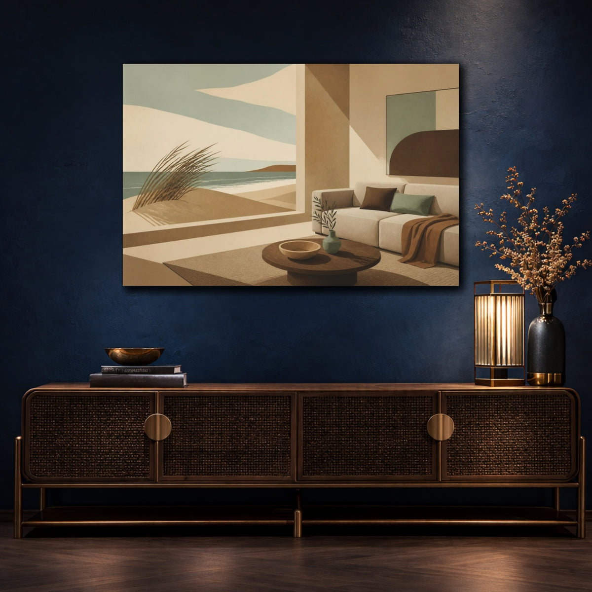 Mockup 4. Living Room Coastal View shown as canvas print