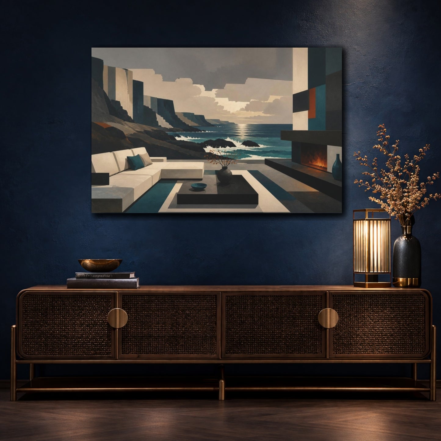 Mockup 4. Living Room Coastal View shown as canvas print