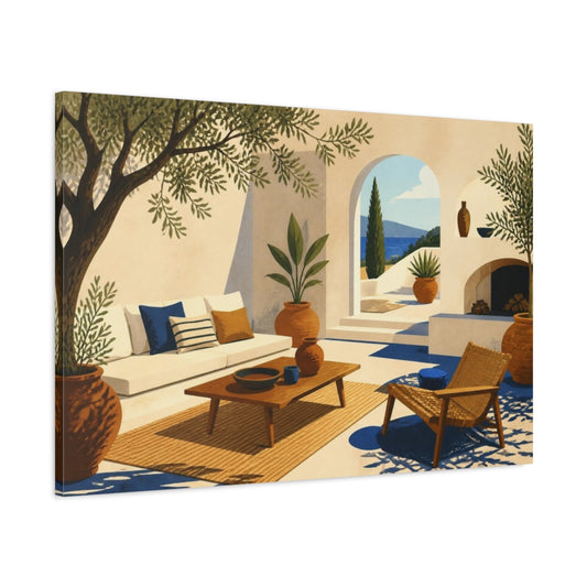 Main Mockup. Living Room Courtyard Retreat shown as canvas print