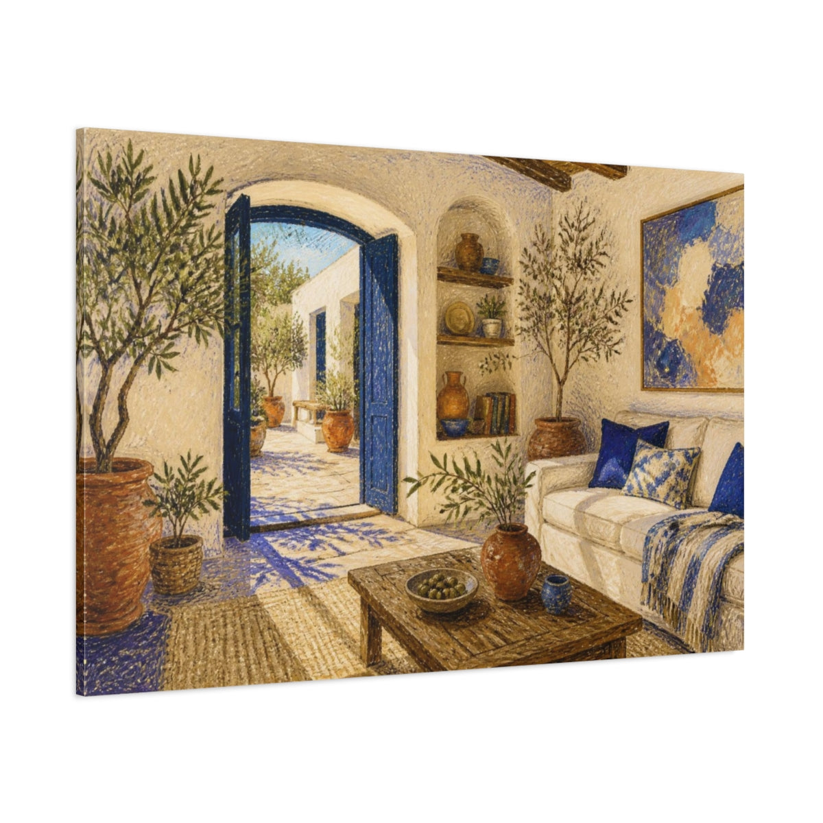 Side Mockup 1. Living Room Courtyard View shown as canvas print