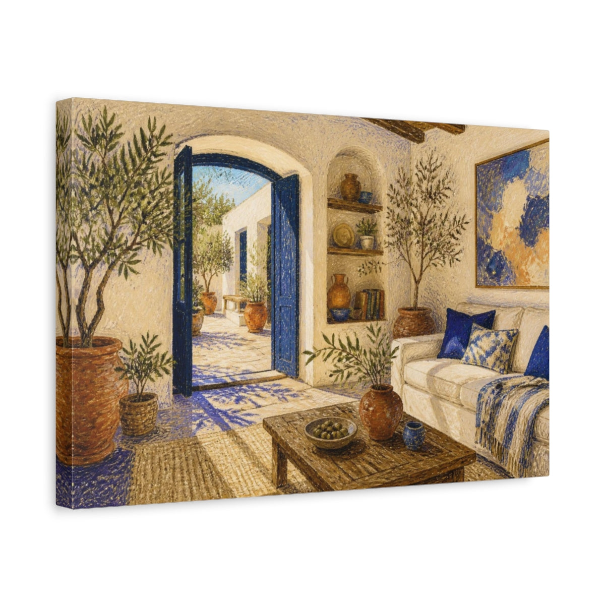 Side Mockup 4. Living Room Courtyard View shown as canvas print