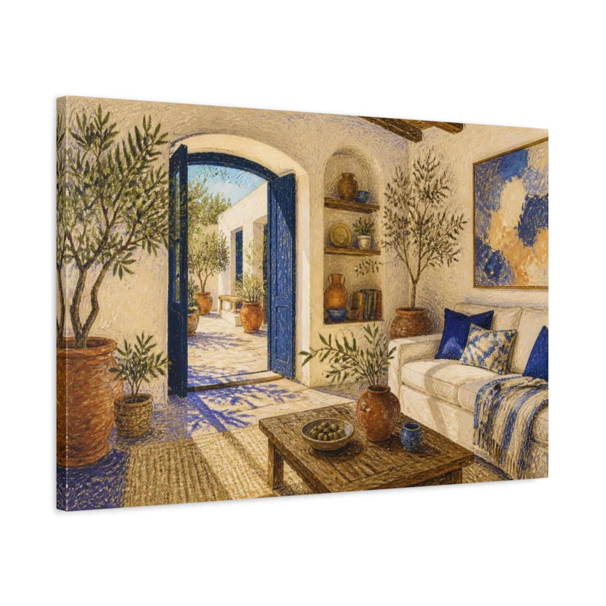 Side Mockup 2. Living Room Courtyard View shown as canvas print