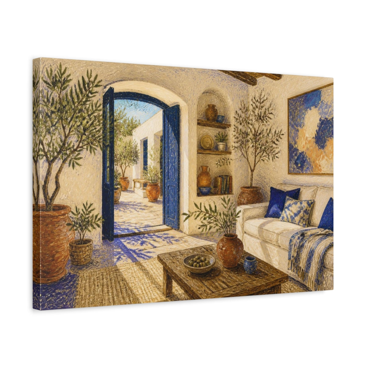 Side Mockup 3. Living Room Courtyard View shown as canvas print