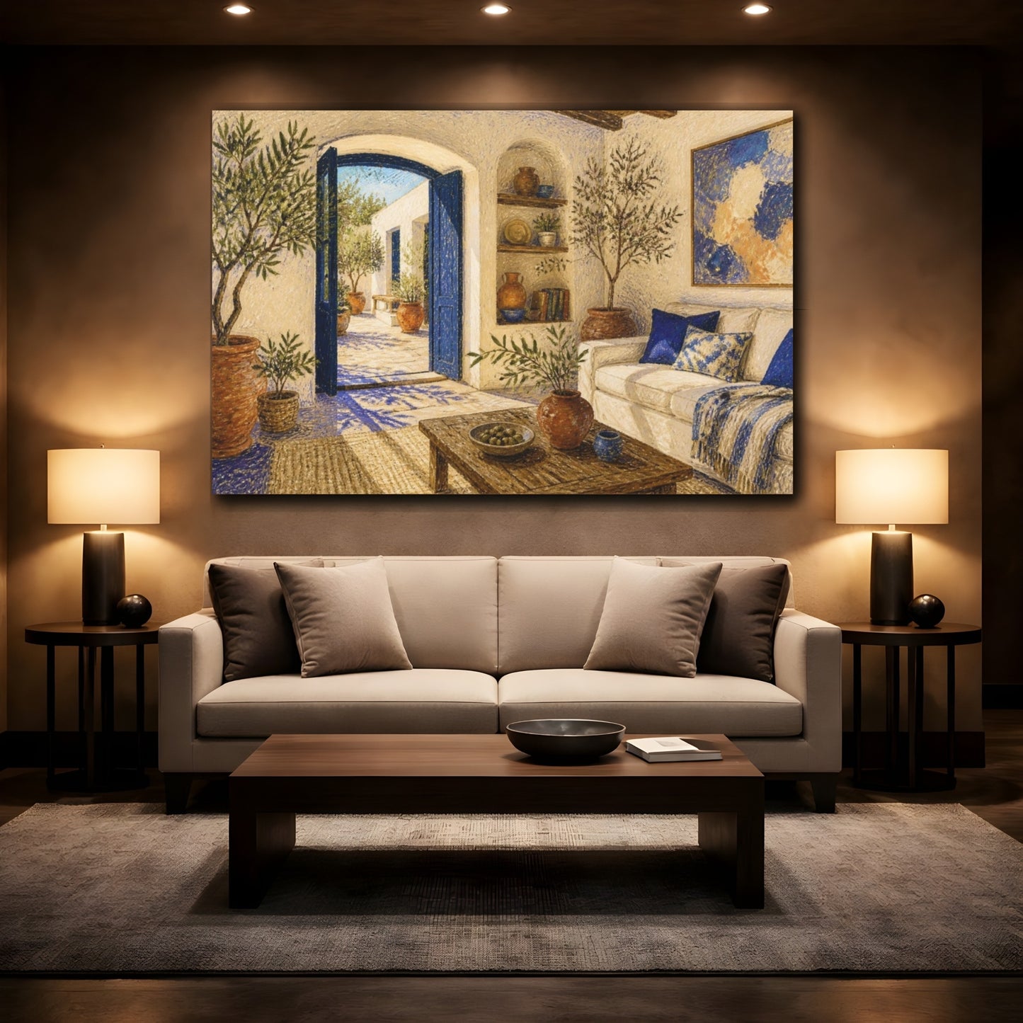 Mockup 2. Living Room Courtyard View shown as canvas print