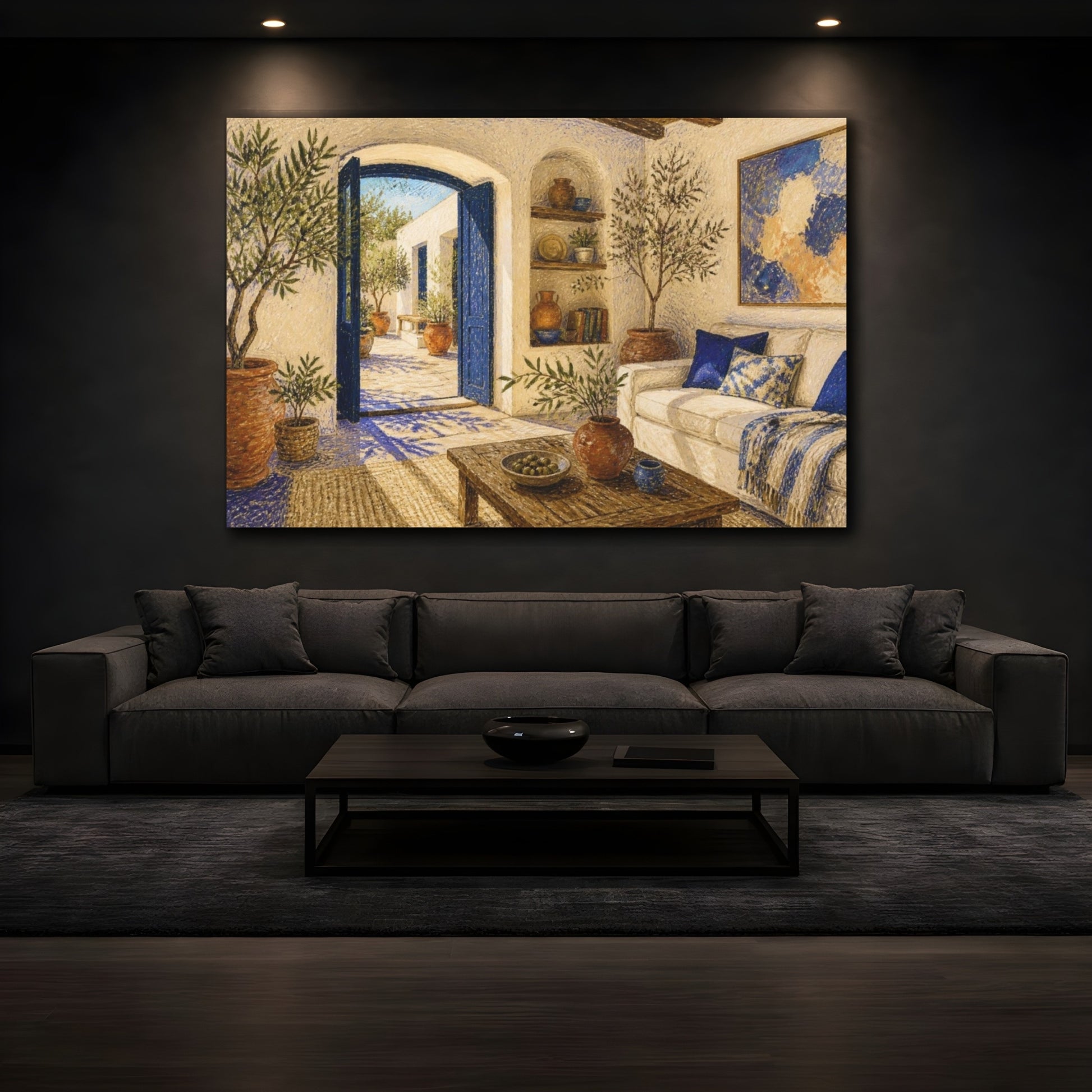 Mockup 3. Living Room Courtyard View shown as canvas print