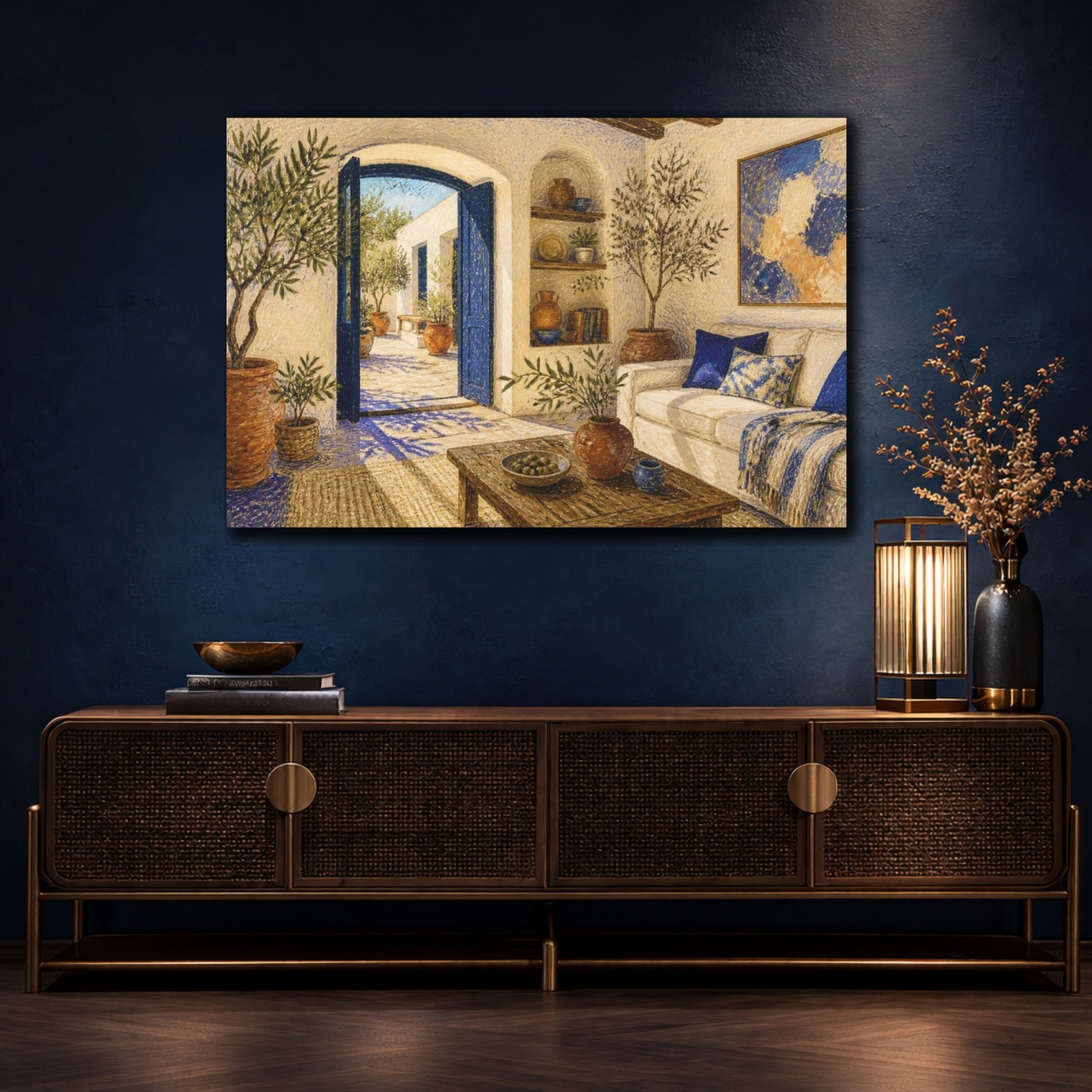 Mockup 4. Living Room Courtyard View shown as canvas print