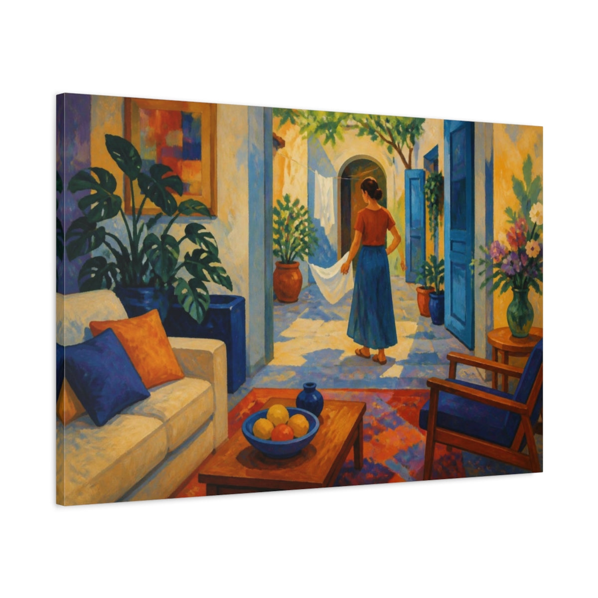 Main Mockup. Living Room Courtyard Woman shown as canvas print