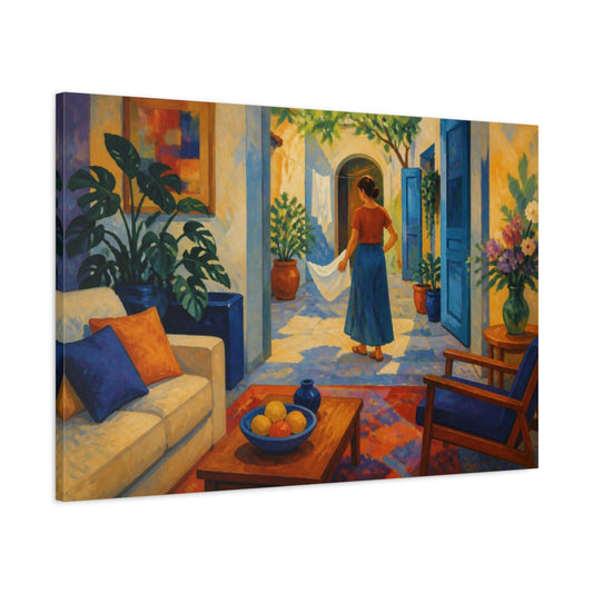 Main Mockup. Living Room Courtyard Woman shown as canvas print