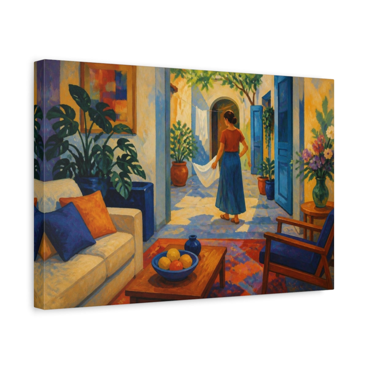 Side Mockup 4. Living Room Courtyard Woman shown as canvas print