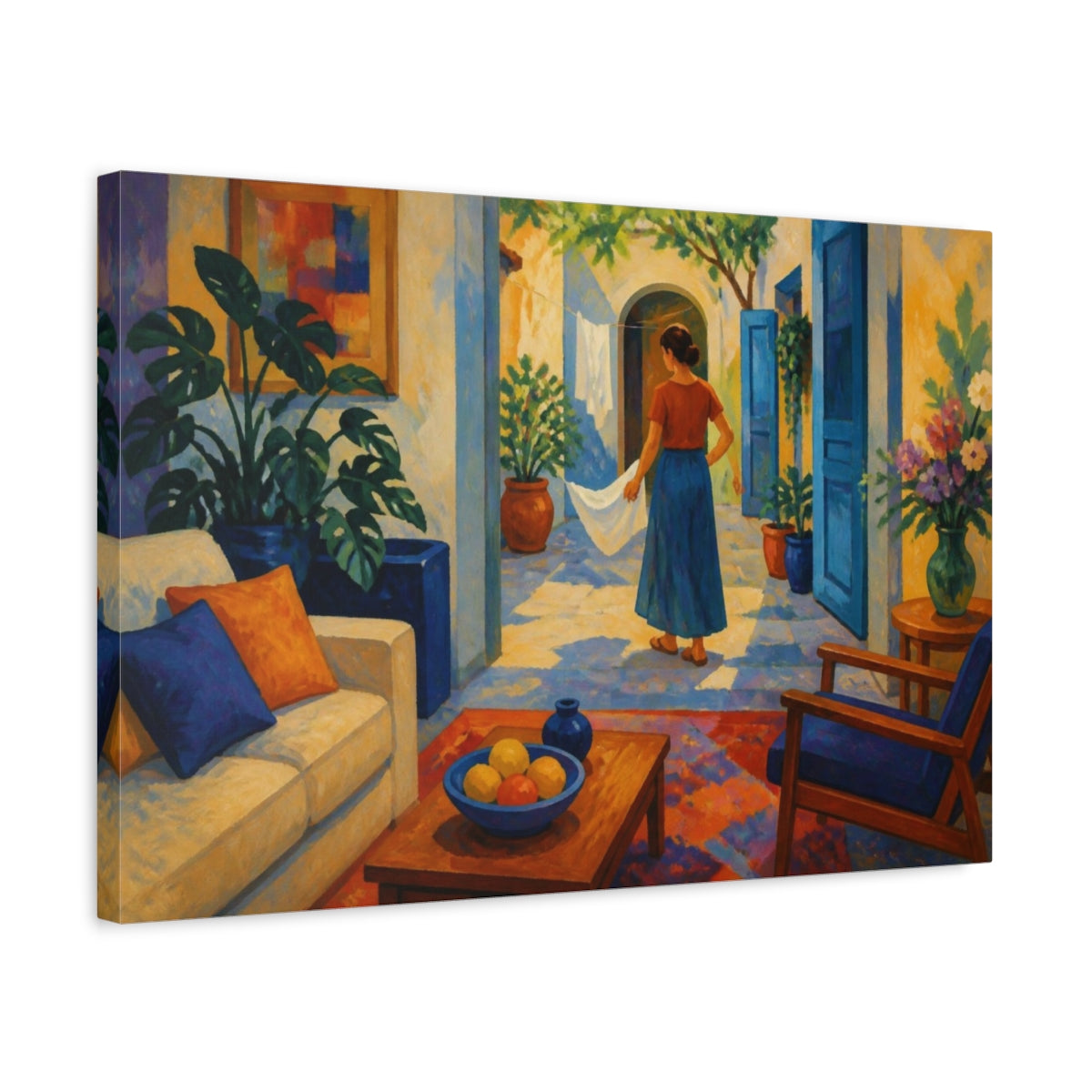 Side Mockup 3. Living Room Courtyard Woman shown as canvas print