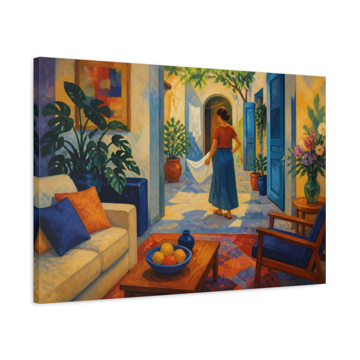 Side Mockup 2. Living Room Courtyard Woman shown as canvas print