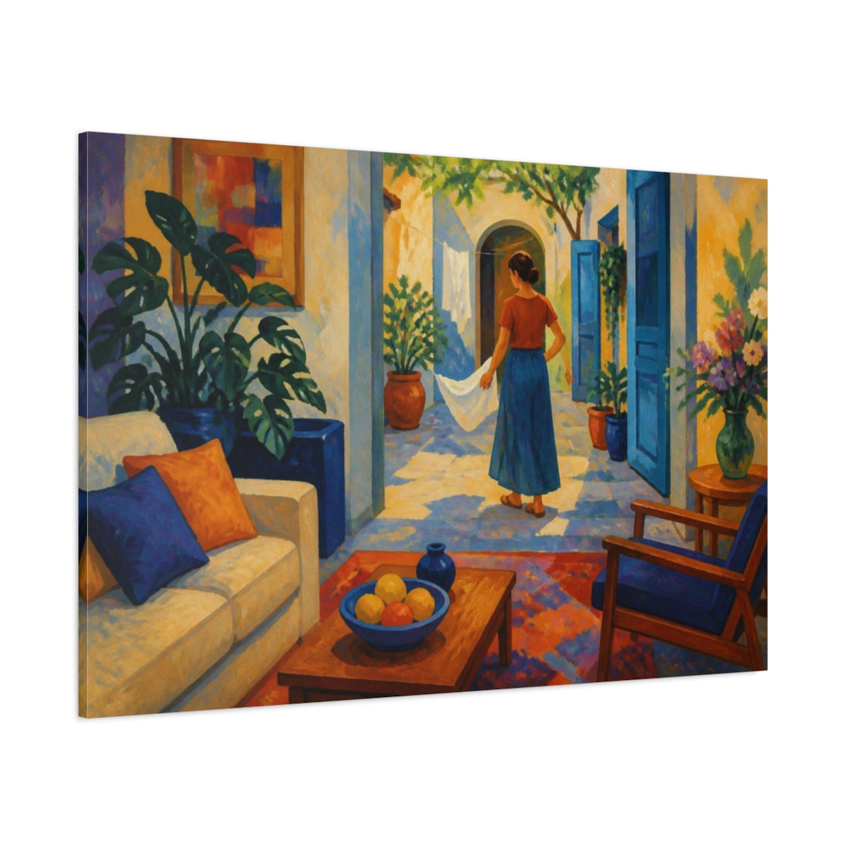 Side Mockup 1. Living Room Courtyard Woman shown as canvas print