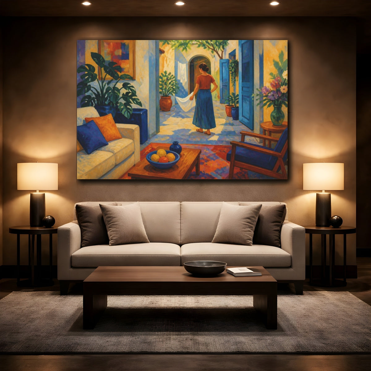 Mockup 2. Living Room Courtyard Woman shown as canvas print