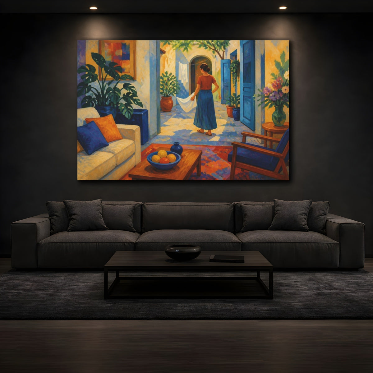 Mockup 3. Living Room Courtyard Woman shown as canvas print