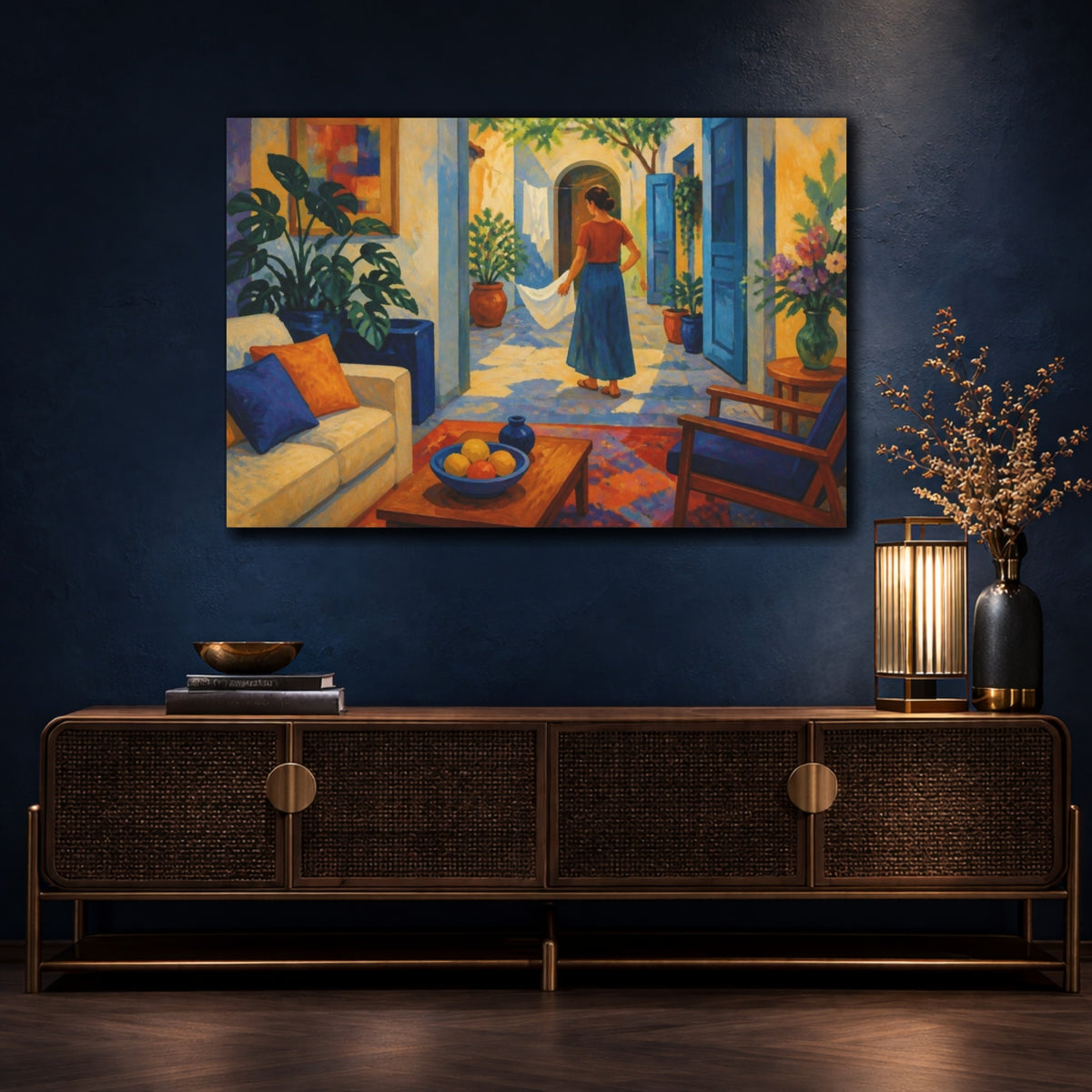 Mockup 4. Living Room Courtyard Woman shown as canvas print