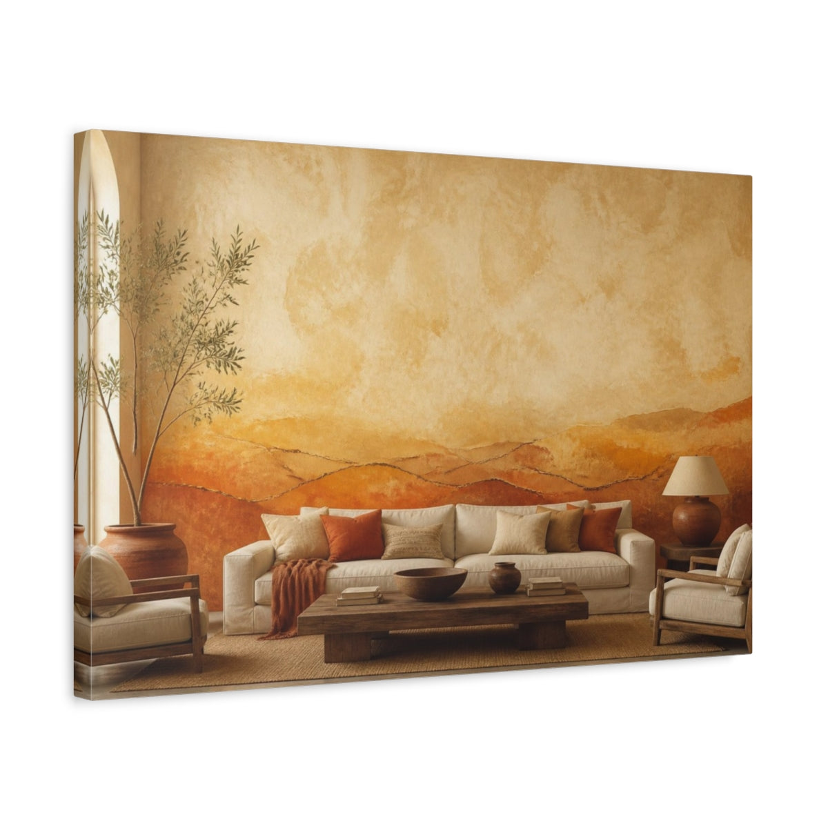 Side Mockup 3. Living Room Earth Terraces shown as canvas print