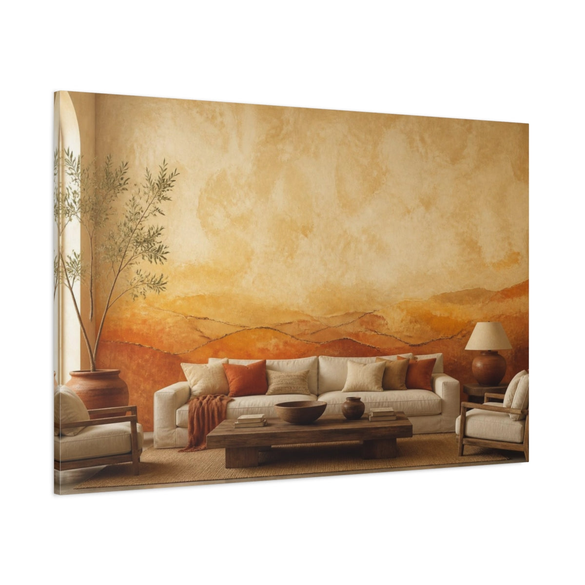 Side Mockup 1. Living Room Earth Terraces shown as canvas print