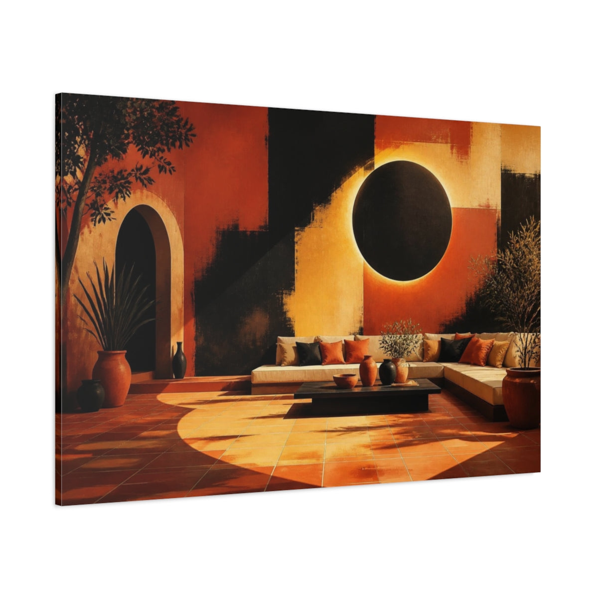 Side Mockup 1. Living Room Eclipse Mural shown as canvas print