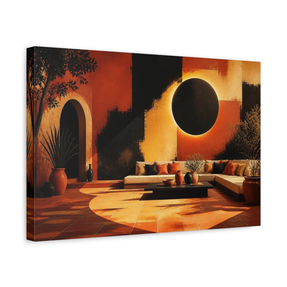 Side Mockup 4. Living Room Eclipse Mural shown as canvas print