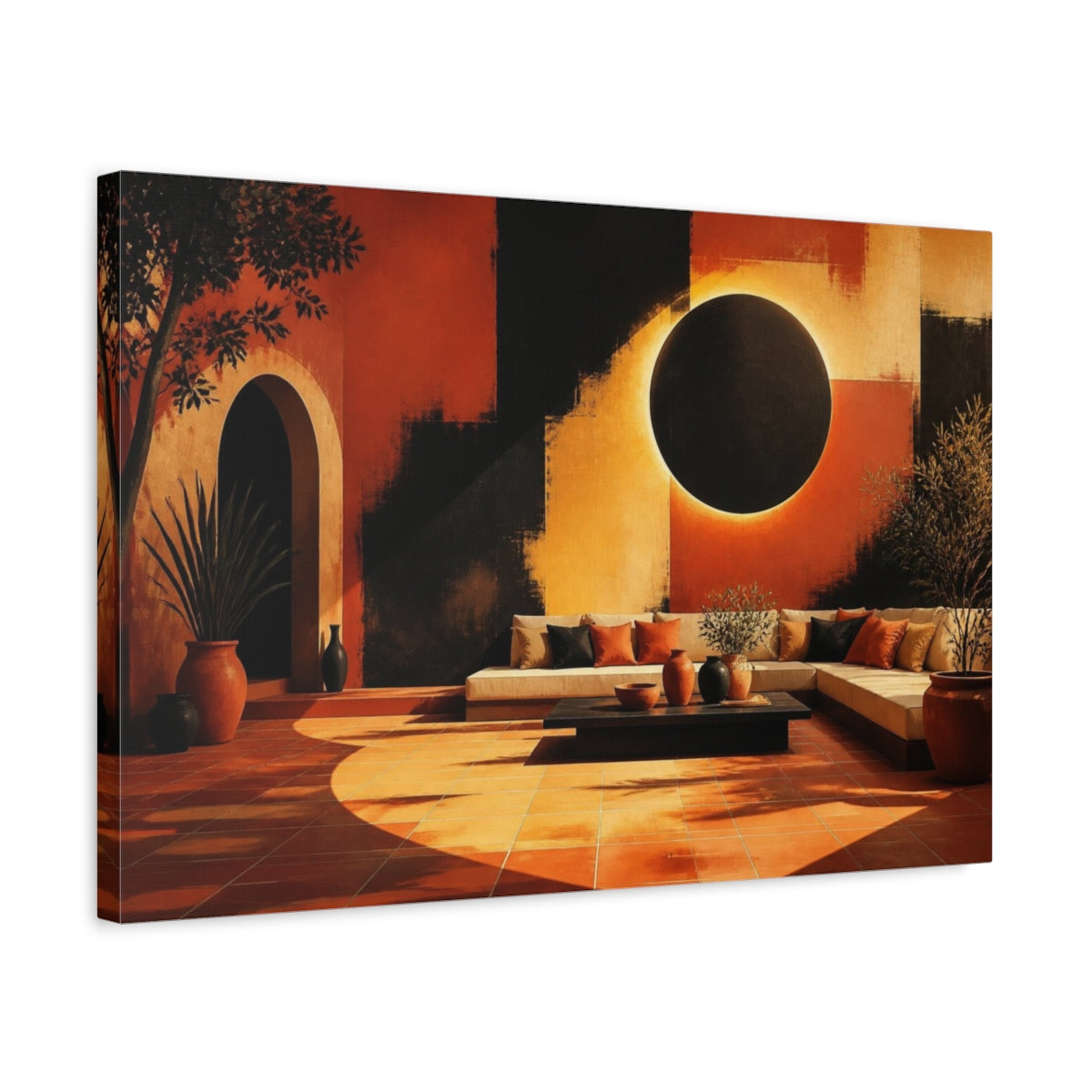 Side Mockup 3. Living Room Eclipse Mural shown as canvas print