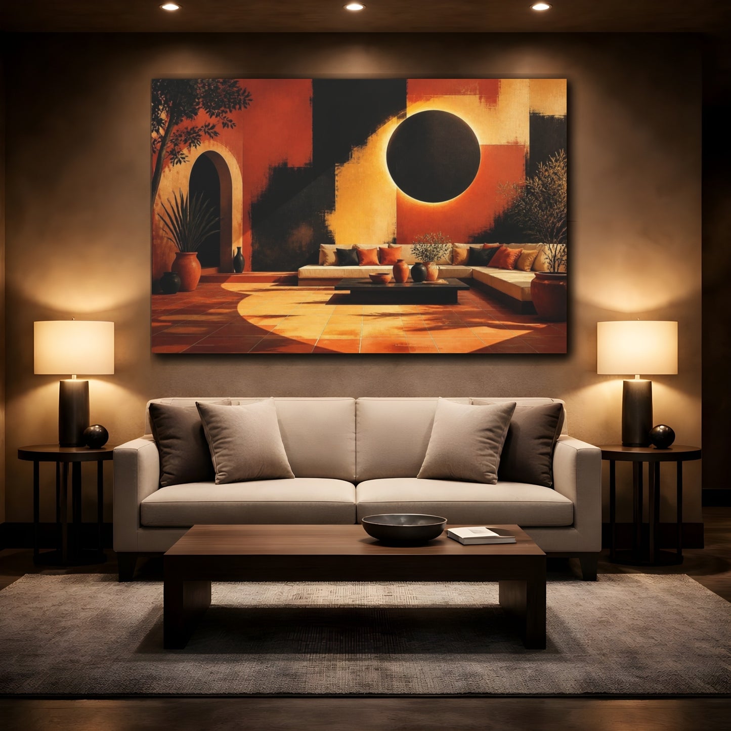 Mockup 2. Living Room Eclipse Mural shown as canvas print