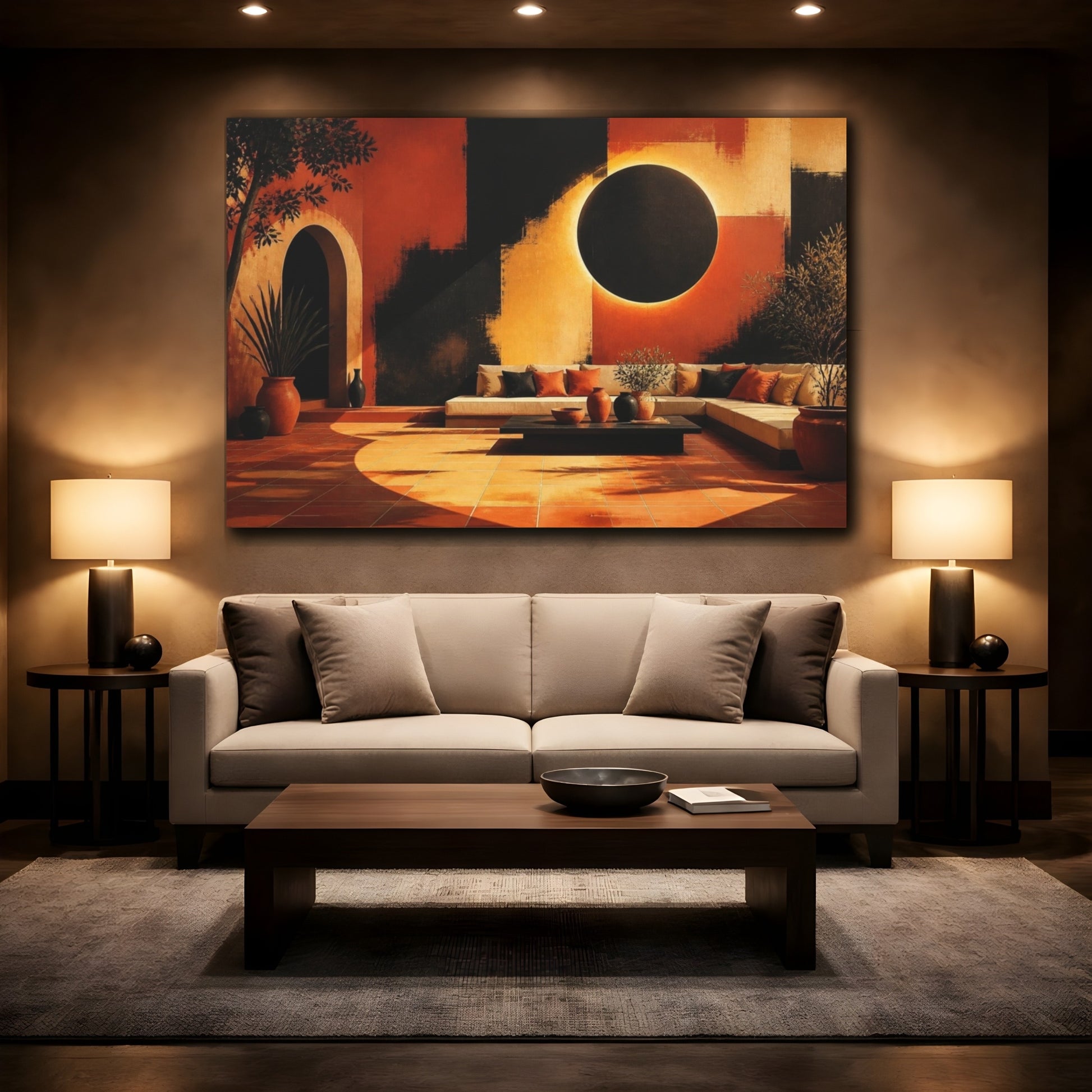 Mockup 2. Living Room Eclipse Mural shown as canvas print