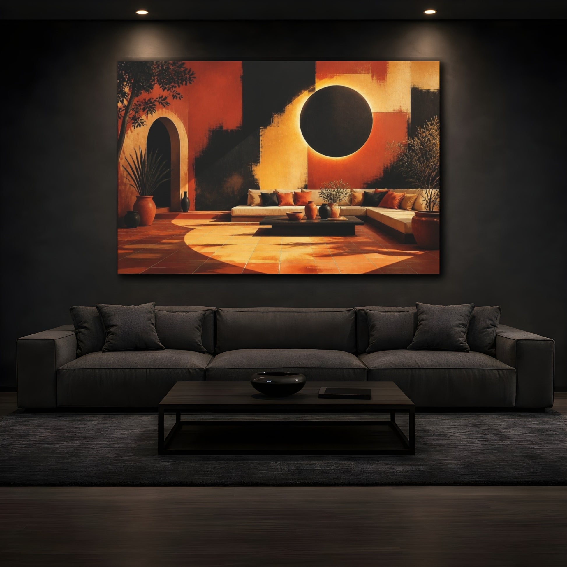 Mockup 3. Living Room Eclipse Mural shown as canvas print