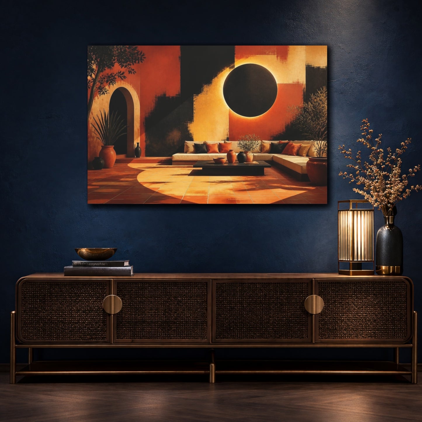 Mockup 4. Living Room Eclipse Mural shown as canvas print