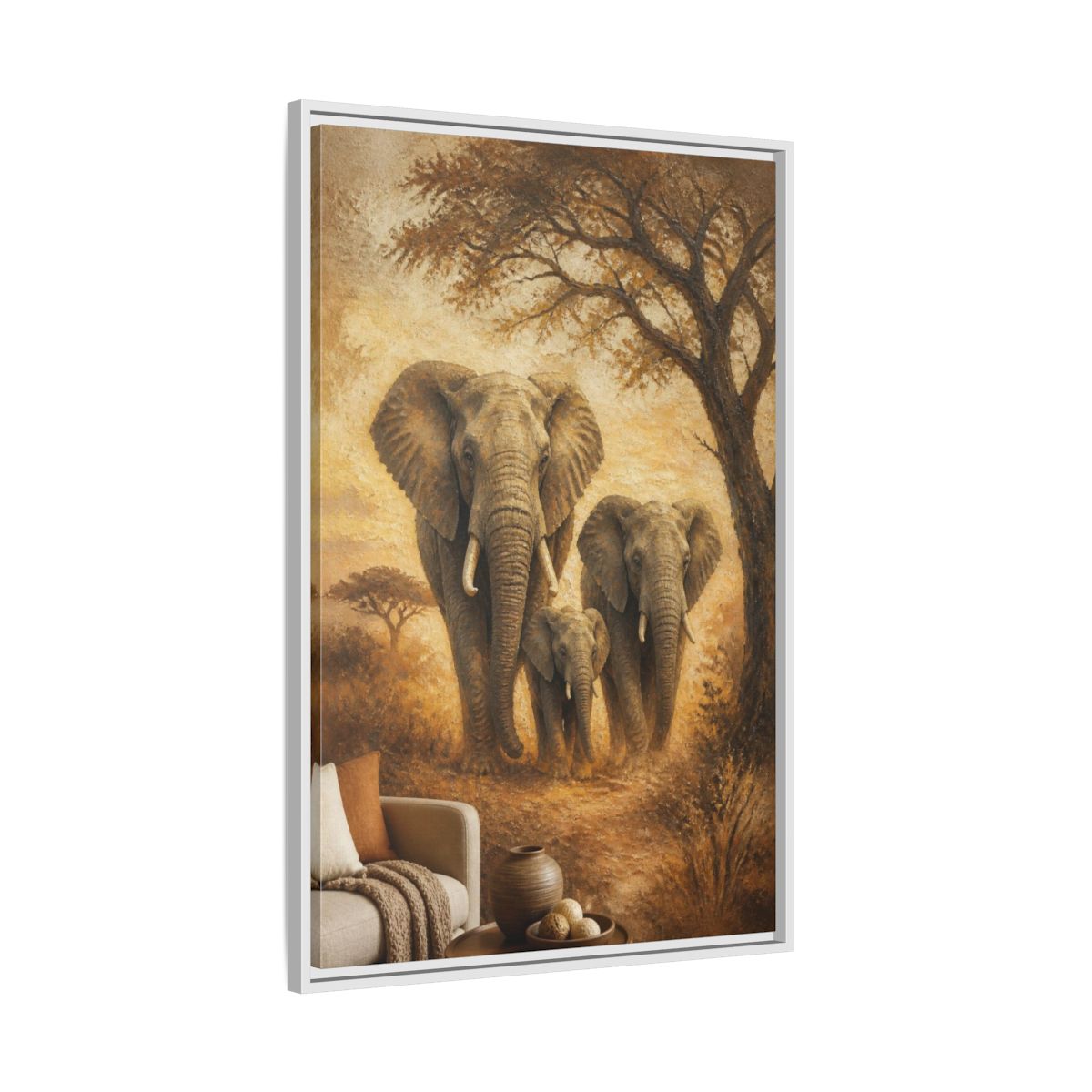 Side Mockup 9. Living Room Elephant Family shown as framed canvas print