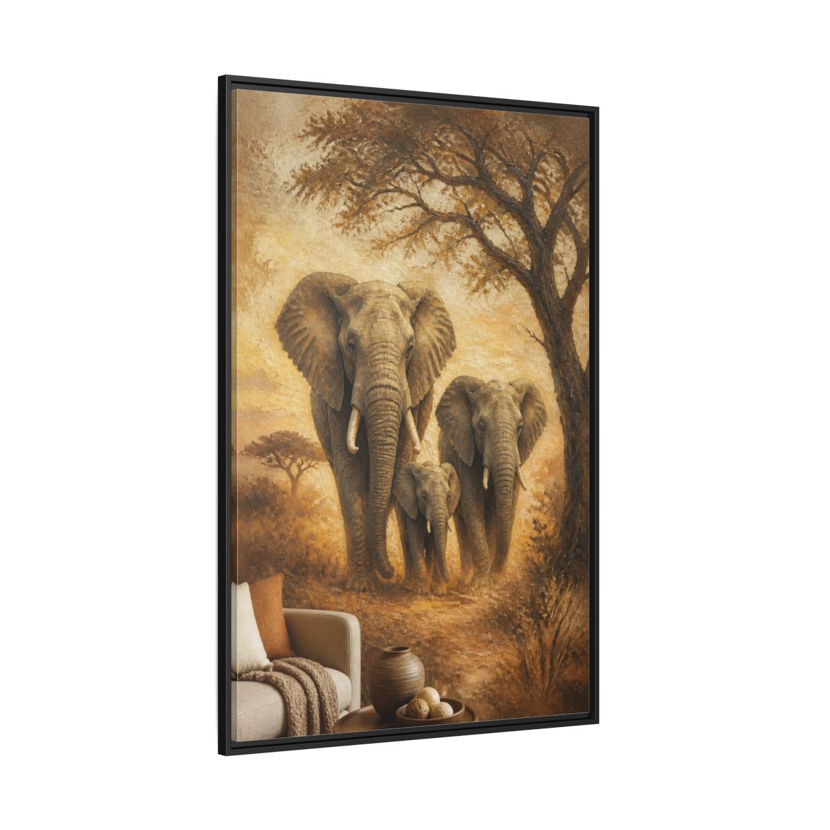 Side Mockup 12. Living Room Elephant Family shown as framed canvas print