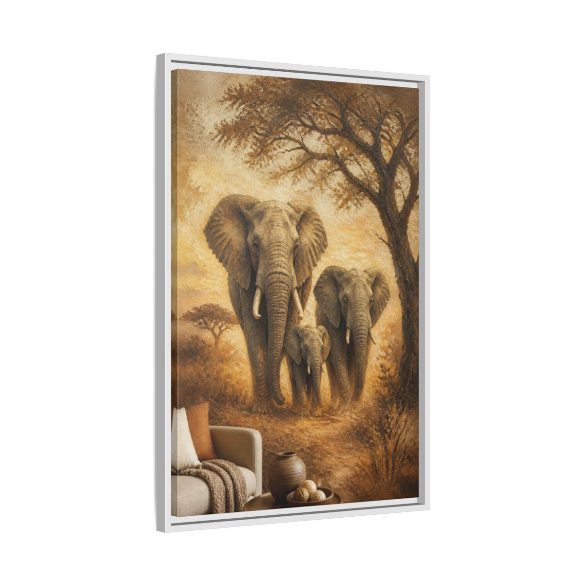 Side Mockup 10. Living Room Elephant Family shown as framed canvas print