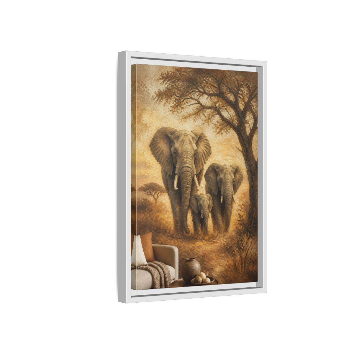 Side Mockup 4. Living Room Elephant Family shown as framed canvas print