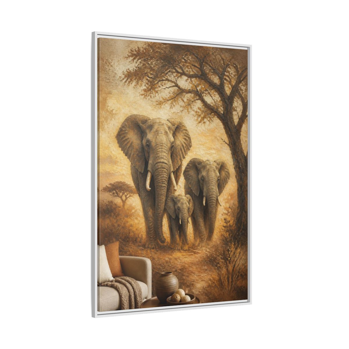 Side Mockup 7. Living Room Elephant Family shown as framed canvas print