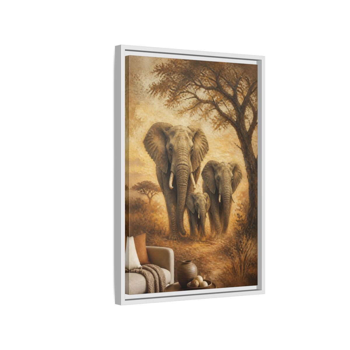 Side Mockup 1. Living Room Elephant Family shown as framed canvas print