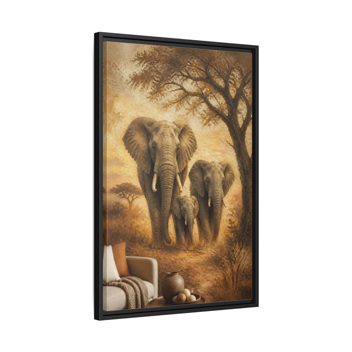 Side Mockup 14. Living Room Elephant Family shown as framed canvas print