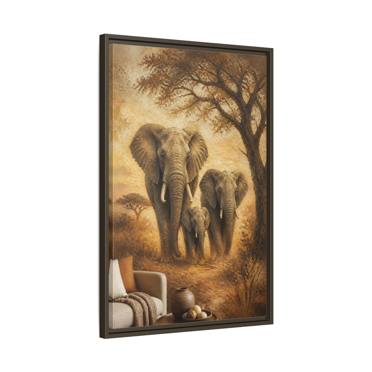 Side Mockup 11. Living Room Elephant Family shown as framed canvas print