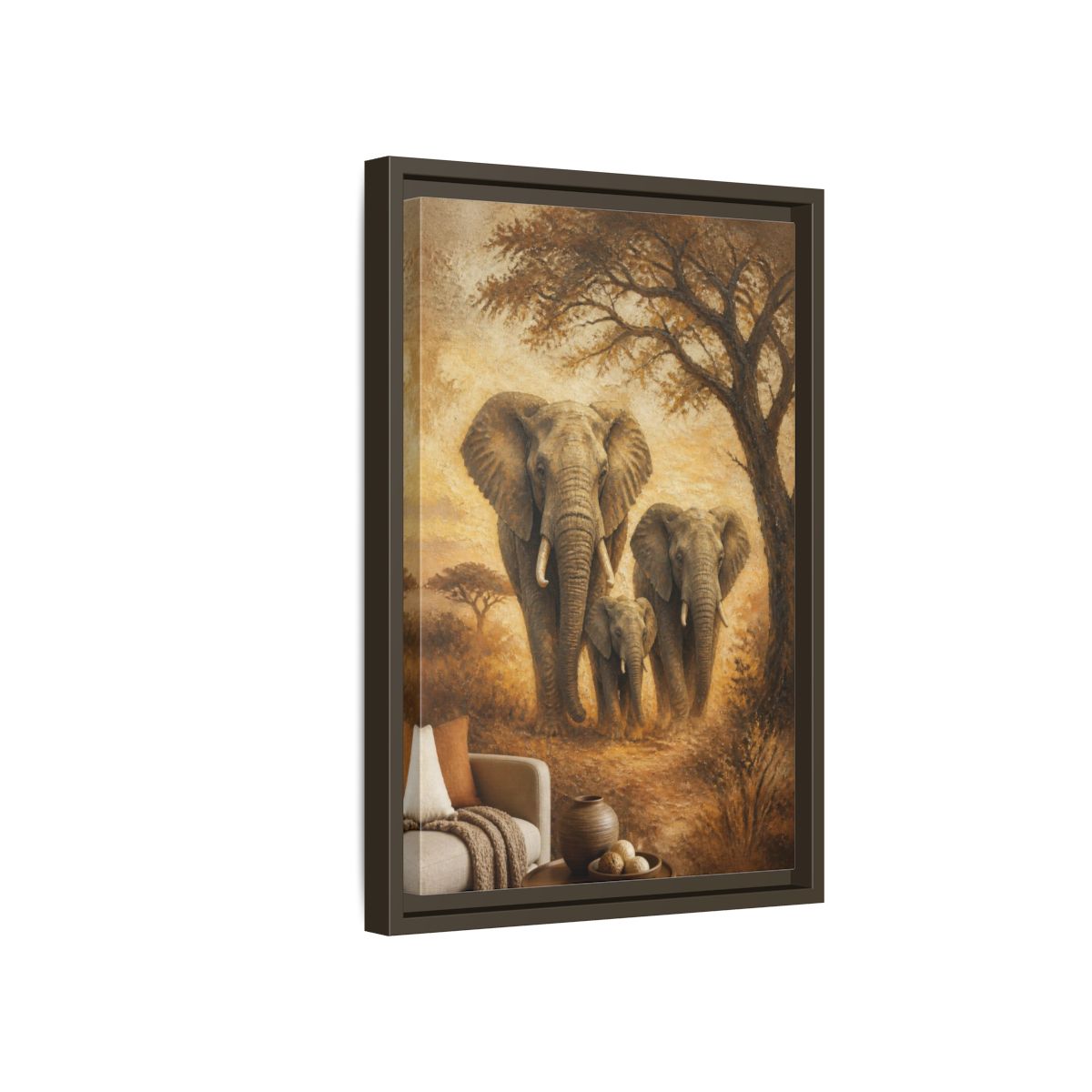 Side Mockup 5. Living Room Elephant Family shown as framed canvas print