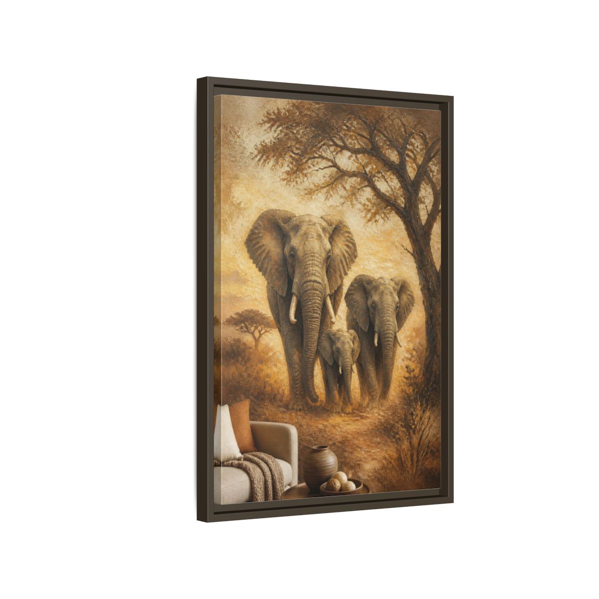 Side Mockup 2. Living Room Elephant Family shown as framed canvas print