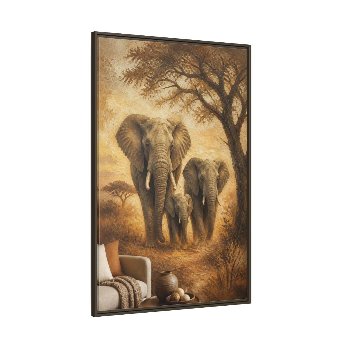Side Mockup 8. Living Room Elephant Family shown as framed canvas print