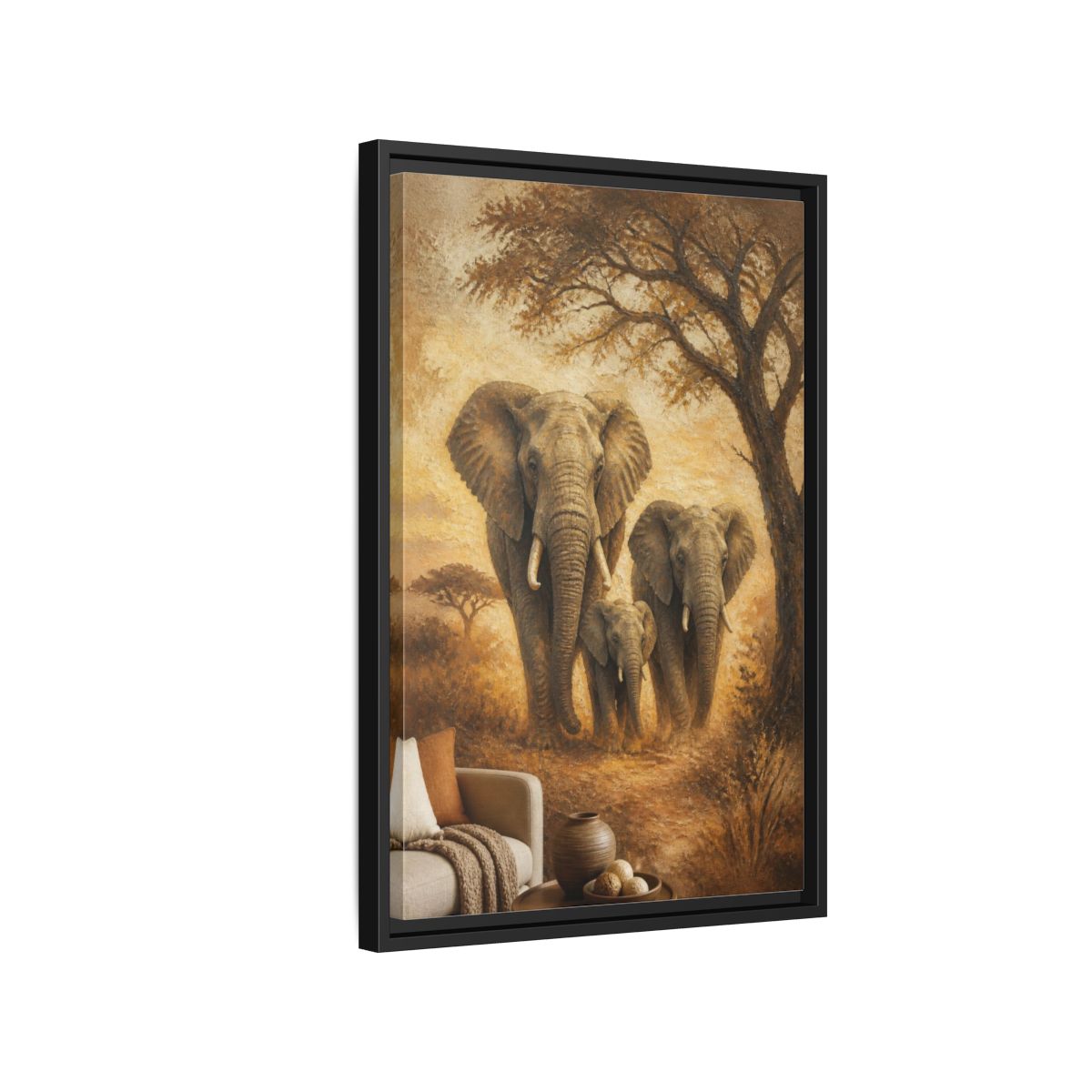 Side Mockup 3. Living Room Elephant Family shown as framed canvas print