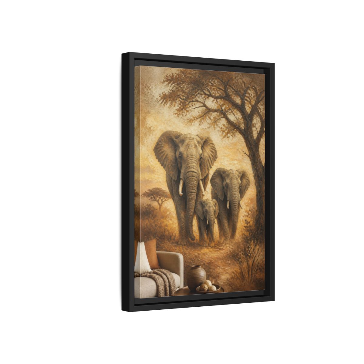 Side Mockup 6. Living Room Elephant Family shown as framed canvas print