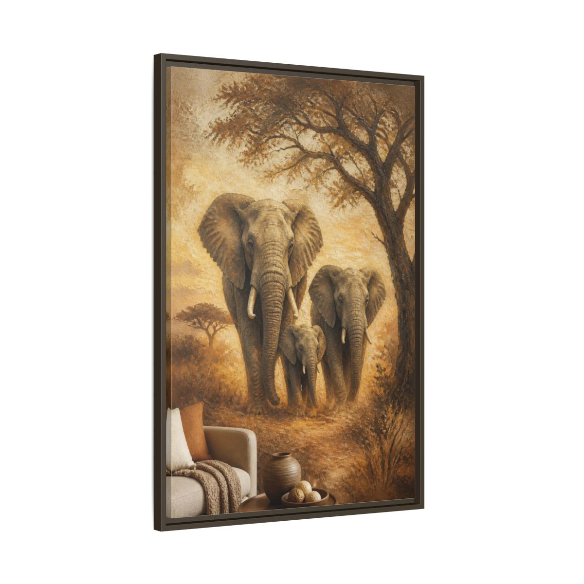 Main Mockup. Living Room Elephant Family shown as framed canvas print