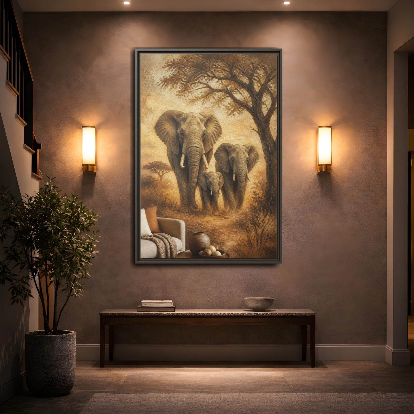 Mockup 2. Living Room Elephant Family shown as framed canvas print