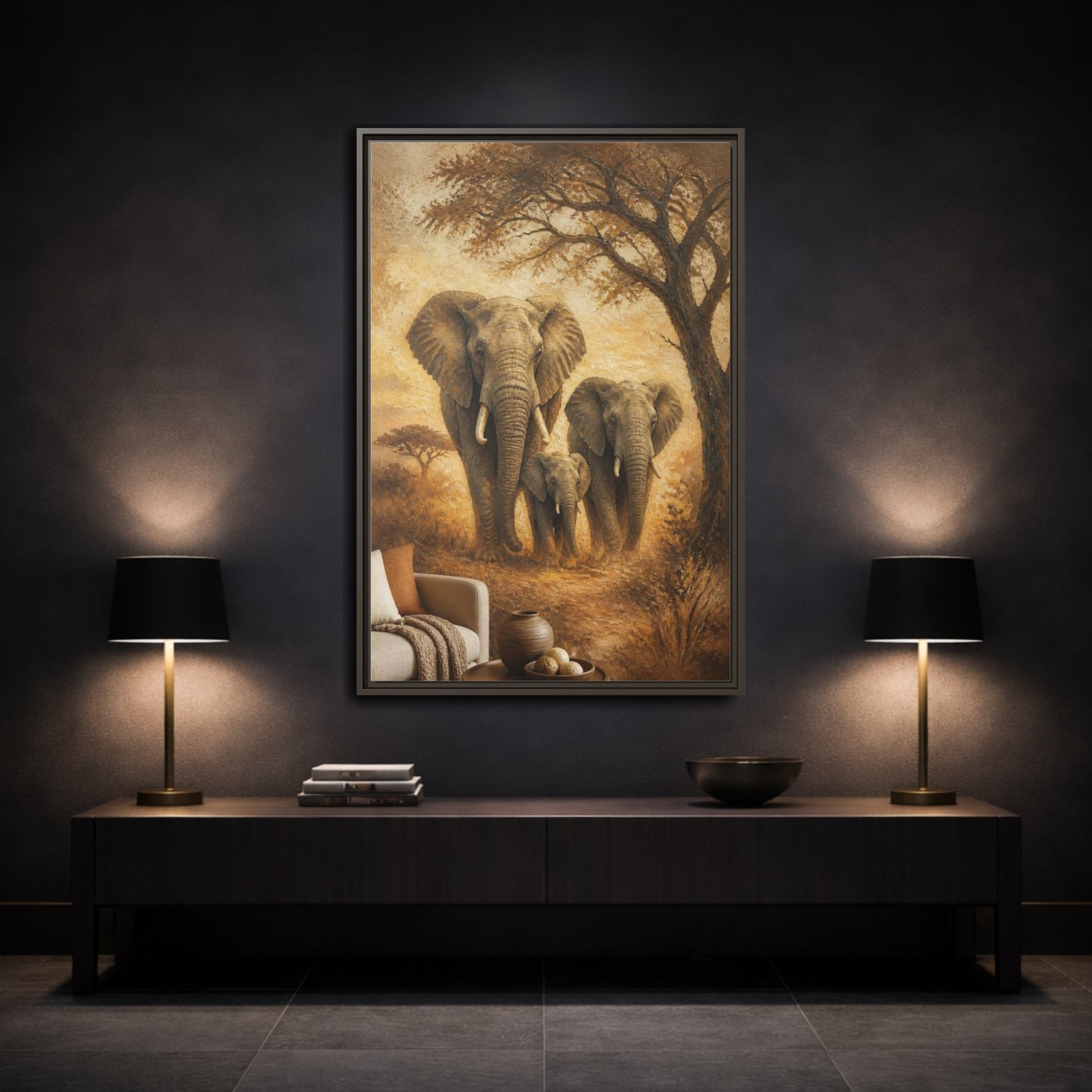 Mockup 3. Living Room Elephant Family shown as framed canvas print