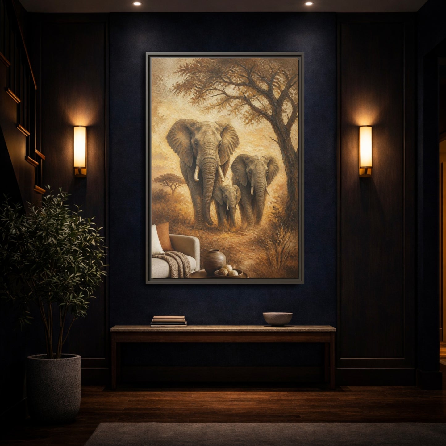 Mockup 4. Living Room Elephant Family shown as framed canvas print