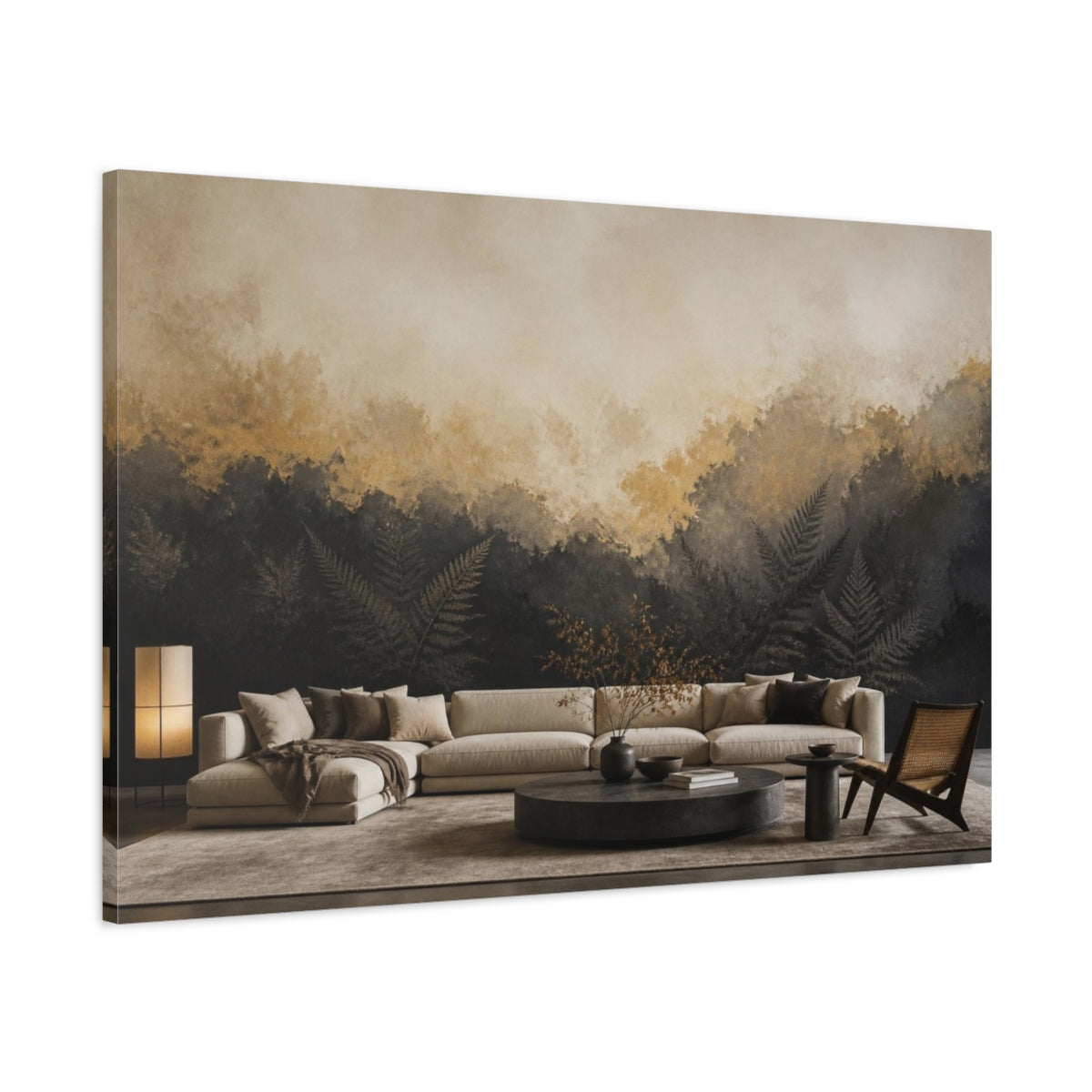 Main Mockup. Living Room Fern Mural shown as canvas print