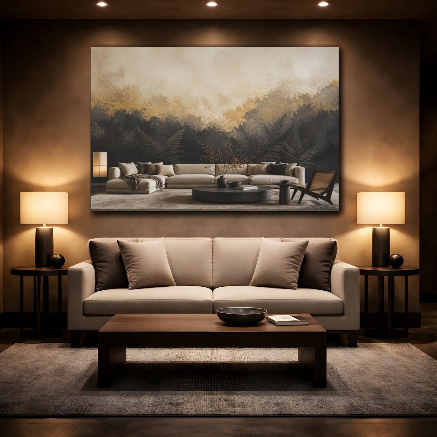 Mockup 2. Living Room Fern Mural shown as canvas print