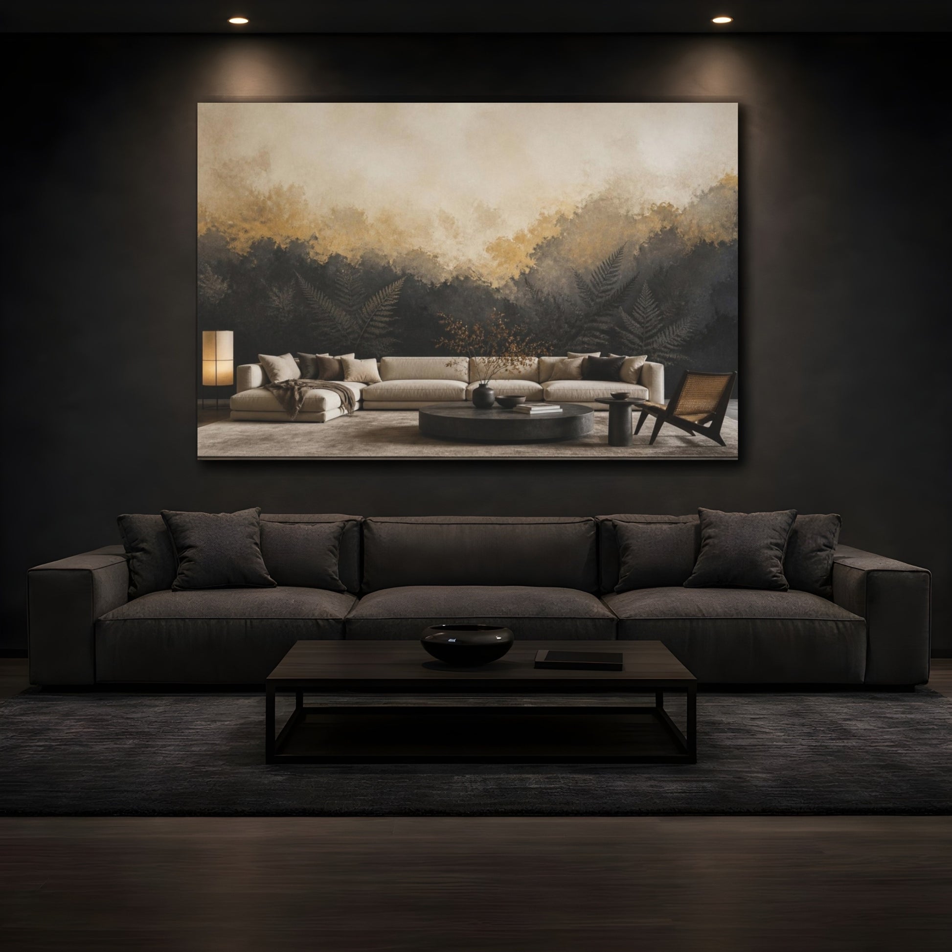 Mockup 3. Living Room Fern Mural shown as canvas print