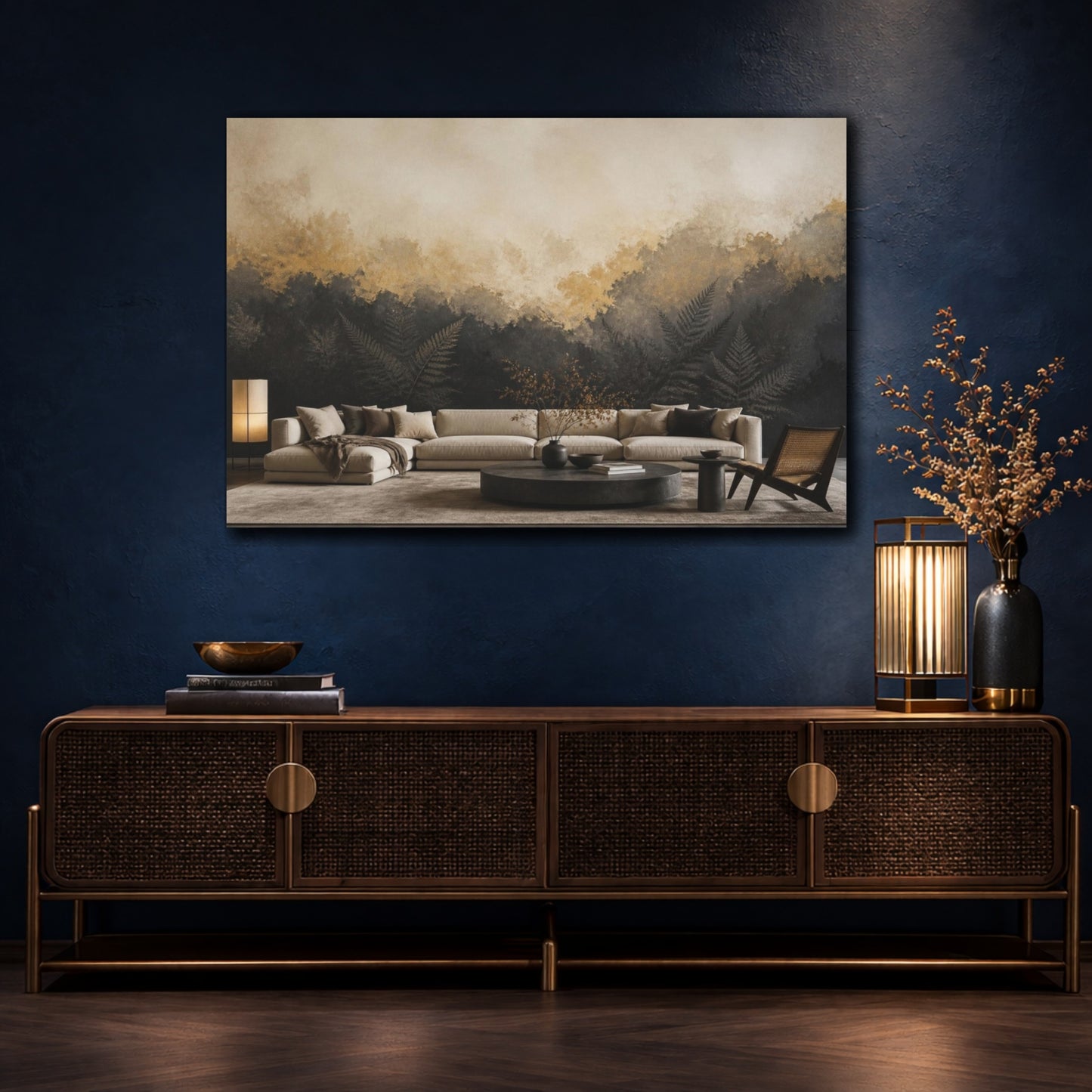 Mockup 4. Living Room Fern Mural shown as canvas print